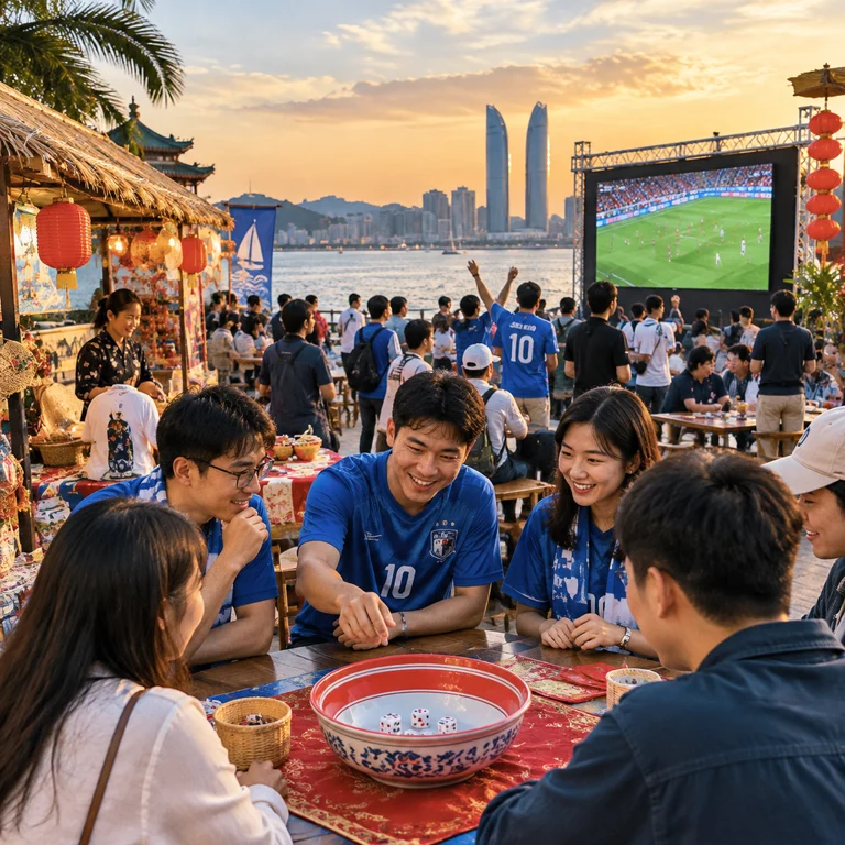 厦门本地球迷参与足球观赛市集与传统博饼活动的场景