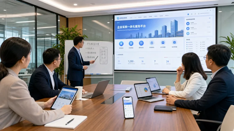 采购负责人在会议室评估企业级服务与移动端应用